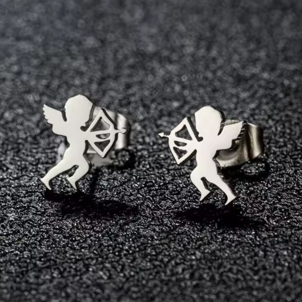Cupid Angel Silver Stud Earrings Cute Love Arrow‎ Valentines Jewelry Gift Steel